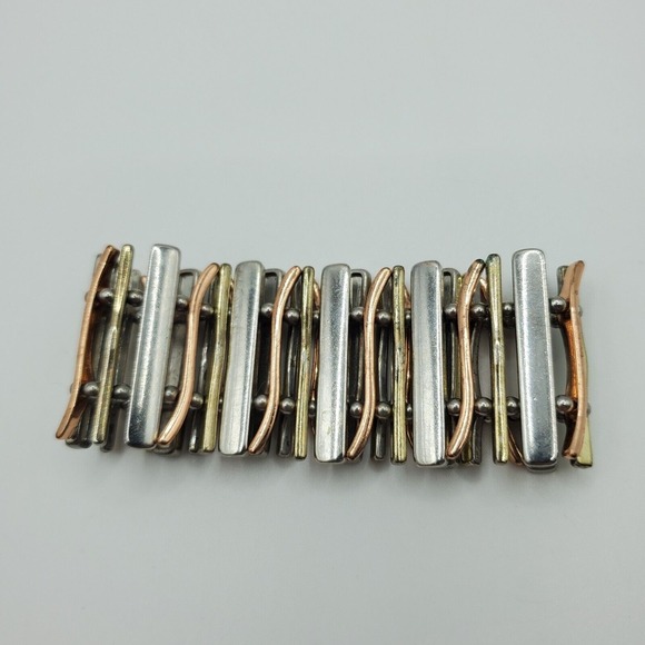 Tri Tone Slat Bracelet Stretch Gold Silver Rose Tone Womens Fashion Jewelry - Picture 6 of 8